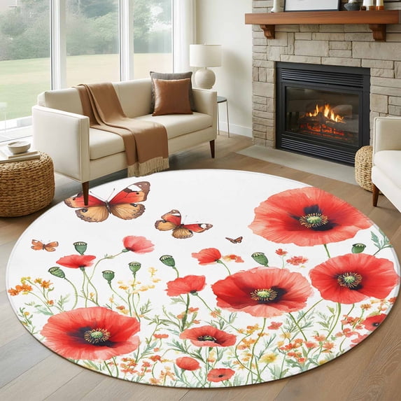 Round Rugs 6Ft, Red Spring Floral Round Area Rug Washable Indoor Throw Carpet, Summer Butterfly Botanical Soft Non Slip Circle Rug for Office Cabinet Home Decor Aesthetic