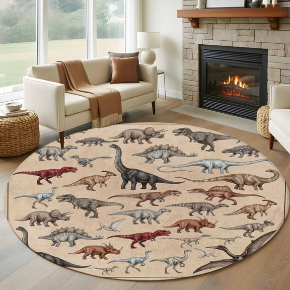 Round Rugs 6Ft, Retro Dinosaurs Round Area Rug Washable Indoor Throw Carpet, Vintage Primitive Wild Animals Brown Soft Non Slip Circle Rug for Office Cabinet Home Decor Aesthetic