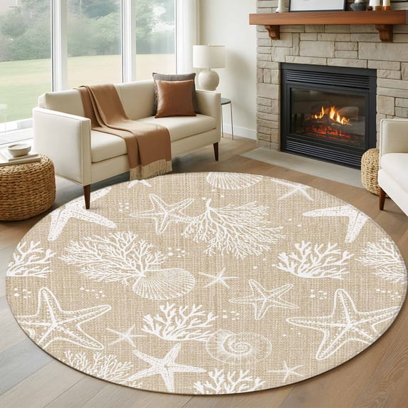 Round Rugs 6Ft, Rustic Coastal Round Area Rug Washable Indoor Throw Carpet, Sea Nautical Summer Beach Starfish Coral Soft Non Slip Circle Rug for Office Cabinet Home Decor Aesthetic