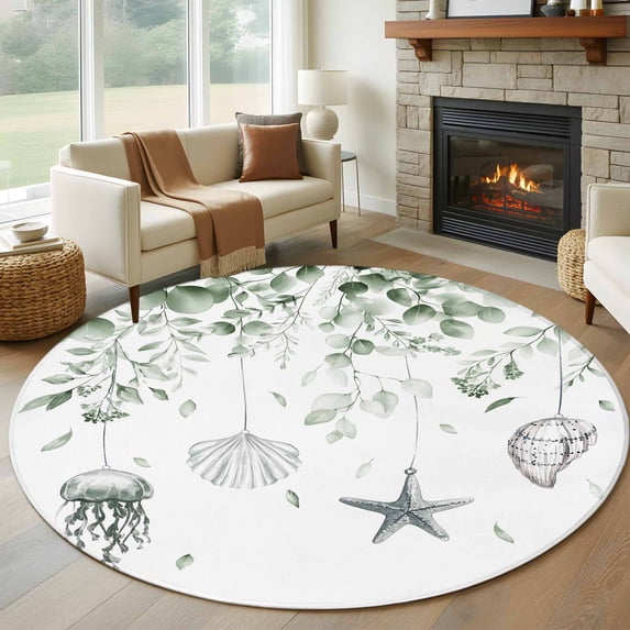 Round Rugs 6Ft, Sage Green Coastal Round Area Rug Washable Indoor Throw Carpet, Summer Eucalyptus Leaves Beach Ocean Starfish Conch Soft Non Slip Circle Rug for Office Cabinet Home Decor Aesthetic
