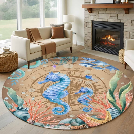 Round Rugs 6Ft, Seahorse Coastal Round Area Rug Washable Indoor Throw Carpet, Summer Nautical Starfish Coral Brown Anchor Soft Non Slip Circle Rug for Office Cabinet Home Decor Aesthetic