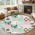 thumbnail image 1 of Round Rugs 6Ft, Spring Floral Checkered Round Area Rug Washable Indoor Throw Carpet, Turquoise Pink Buffalo Plaid Soft Non Slip Circle Rug for Office Cabinet Home Decor Aesthetic, 1 of 8