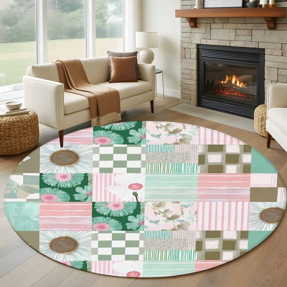 Round Rugs 6Ft, Spring Floral Checkered Round Area Rug Washable Indoor Throw Carpet, Turquoise Pink Buffalo Plaid Soft Non Slip Circle Rug for Office Cabinet Home Decor Aesthetic