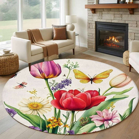 Round Rugs 6Ft, Spring Floral Round Area Rug Washable Indoor Throw Carpet, Colorful Tulip Butterfly Botanical Elegant Soft Non Slip Circle Rug for Office Cabinet Home Decor Aesthetic