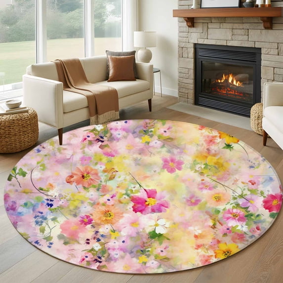 Round Rugs 6Ft, Spring Floral Round Area Rug Washable Indoor Throw Carpet, Elegant Watercolor Botanical Summer Flower Soft Non Slip Circle Rug for Office Cabinet Home Decor Aesthetic