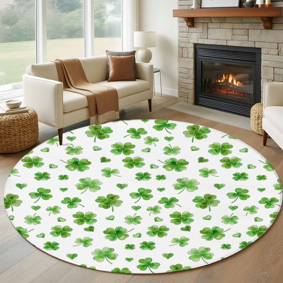Round Rugs 6Ft, St. Patrick's Day Round Area Rug Washable Indoor Throw Carpet, Watercolor Lucky Clovers Green Soft Non Slip Circle Rug for Office Cabinet Home Decor Aesthetic