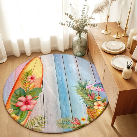 Round Rugs 6Ft, Summer Beach Surfboard Round Area Rug Washable Indoor Throw Carpet, Tropical Palm Leaf Pineapple Floral Soft Non Slip Circle Rug for Office Cabinet Home Decor Aesthetic