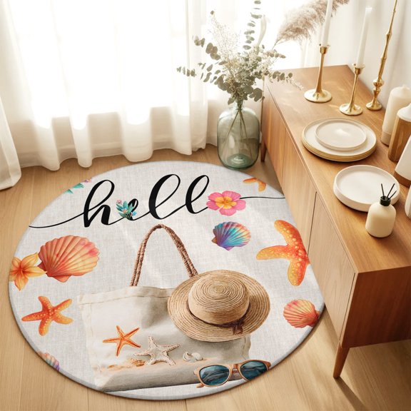 Round Rugs 6Ft, Summer Coastal Round Area Rug Washable Indoor Throw Carpet, Ocean Starfish Shells Bags Hat Floral Beige Soft Non Slip Circle Rug for Office Cabinet Home Decor Aesthetic