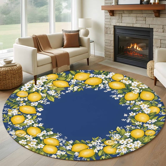 Round Rugs 6Ft, Summer Lemon Round Area Rug Washable Indoor Throw Carpet, Blue Yellow Spring Floral Botanical Soft Non Slip Circle Rug for Office Cabinet Home Decor Aesthetic