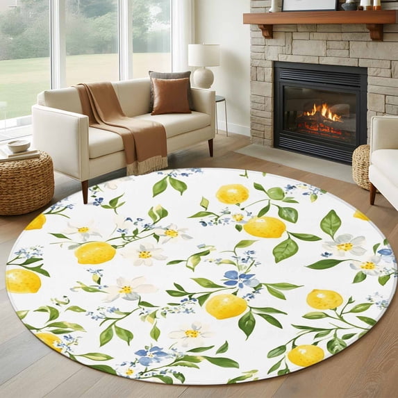 Round Rugs 6Ft, Summer Lemon Round Area Rug Washable Indoor Throw Carpet, Yellow Botanical Spring Floral Country Soft Non Slip Circle Rug for Office Cabinet Home Decor Aesthetic