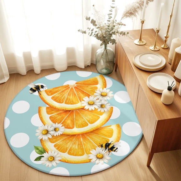 Round Rugs 6Ft, Summer Orange Slices Round Area Rug Washable Indoor Throw Carpet, Pastoral Daisy Flower Bee Polka Dot Soft Non Slip Circle Rug for Office Cabinet Home Decor Aesthetic