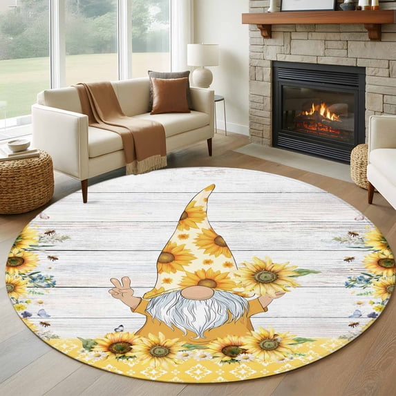 Round Rugs 6Ft, Sunflower Round Area Rug Washable Indoor Throw Carpet, Gnomes Farmhouse Summer Botanical Wooden Soft Non Slip Circle Rug for Office Cabinet Home Decor Aesthetic