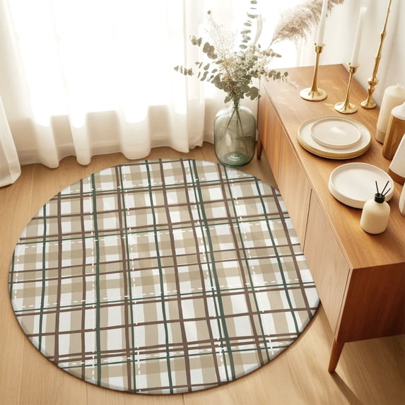 Round Rugs 6Ft, Tan Lines Round Area Rug Washable Indoor Throw Carpet, Modern Gingham Plaid Striped Farmhouse Soft Non Slip Circle Rug for Office Cabinet Home Decor Aesthetic