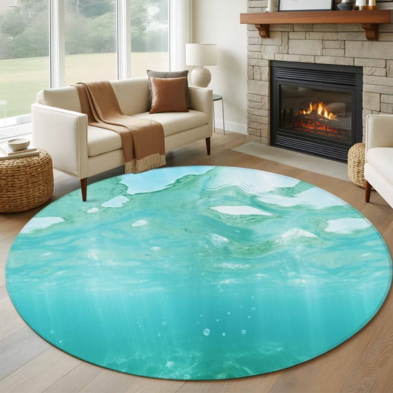 Round Rugs 6Ft, Teal Coastal Round Area Rug Washable Indoor Throw Carpet, Summer Beach Ocean Seawater Nautical Soft Non Slip Circle Rug for Office Cabinet Home Decor Aesthetic