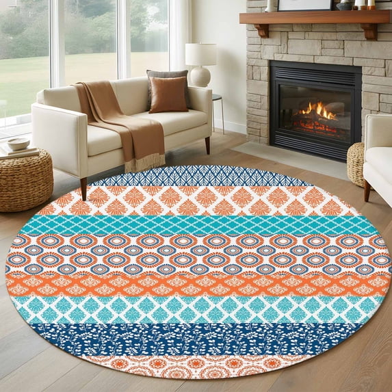 Round Rugs 6Ft, Teal Orange Striped Round Area Rug Washable Indoor Throw Carpet, Boho Modern Geometric Abstract Art Soft Non Slip Circle Rug for Office Cabinet Home Decor Aesthetic