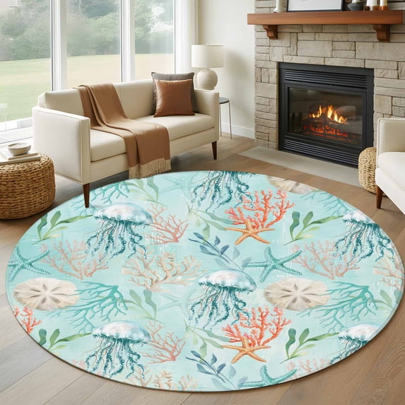 Round Rugs 6Ft, Teal Red Coastal Jellyfish Round Area Rug Washable Indoor Throw Carpet, Summer Nautical Beach Coral Starfish Soft Non Slip Circle Rug for Office Cabinet Home Decor Aesthetic