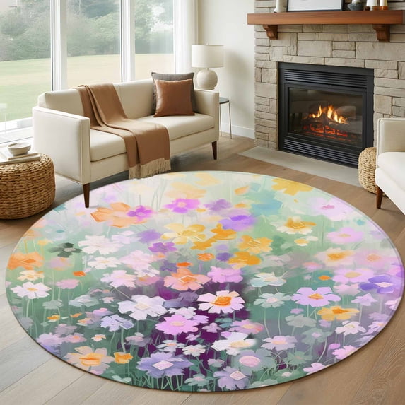 Round Rugs 6Ft, Teal Spring Floral Round Area Rug Washable Indoor Throw Carpet, Modern Oil Painted Daisy Botanical Soft Non Slip Circle Rug for Office Cabinet Home Decor Aesthetic