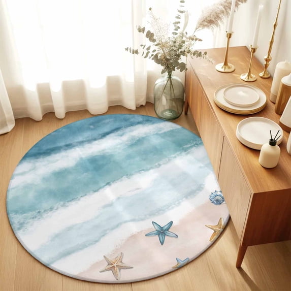 Round Rugs 6Ft, Teal Summer Beach Round Area Rug Washable Indoor Throw Carpet, Coastal Waves Ocean Starfish Conch Soft Non Slip Circle Rug for Office Cabinet Home Decor Aesthetic