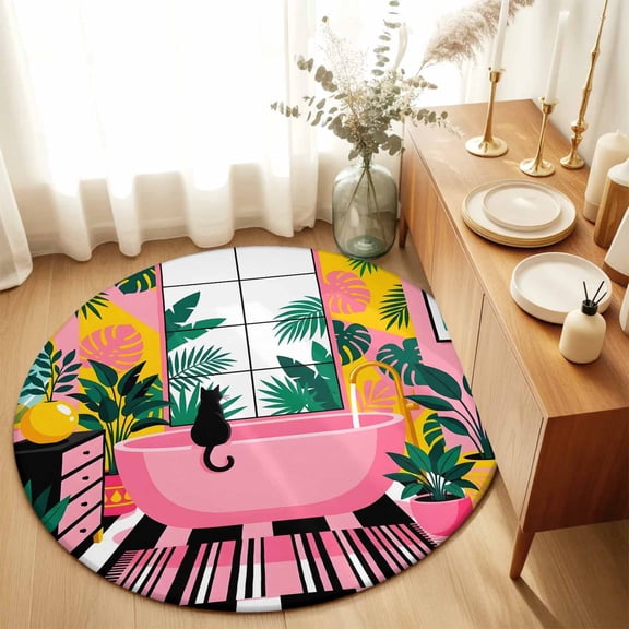 Round Rugs 6Ft, Tropical Plants Round Area Rug Washable Indoor Throw Carpet, Summer Palm Leaves Cat on Bathtub Pink Soft Non Slip Circle Rug for Office Cabinet Home Decor Aesthetic