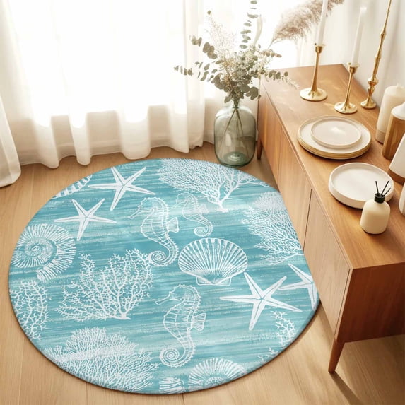 Round Rugs 6Ft, Turquoise Coastal Round Area Rug Washable Indoor Throw Carpet, Nautical Coral Starfish Shell Seahorse Ocean Soft Non Slip Circle Rug for Office Cabinet Home Decor Aesthetic