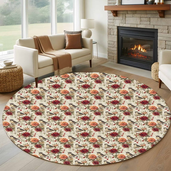 Round Rugs 6Ft, Vintage Botanical Round Area Rug Washable Indoor Throw Carpet, Red Orange Spring Floral Summer Birds Soft Non Slip Circle Rug for Office Cabinet Home Decor Aesthetic