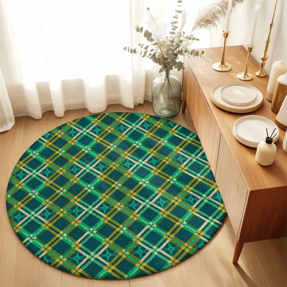 Round Rugs 6Ft, Vintage Green Check Round Area Rug Washable Indoor Throw Carpet, Geometric Tartan Plaid Ethnic Soft Non Slip Circle Rug for Office Cabinet Home Decor Aesthetic