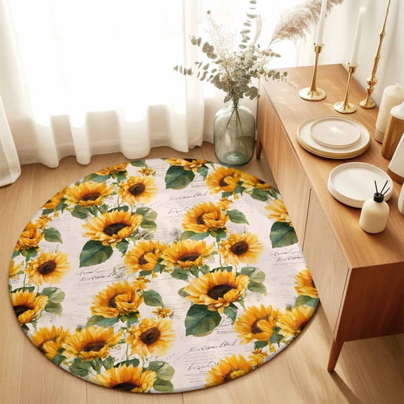 Round Rugs 6Ft, Vintage Sunflowers Round Area Rug Washable Indoor Throw Carpet, Farmhouse Flowers Botanical Soft Non Slip Circle Rug for Office Cabinet Home Decor Aesthetic