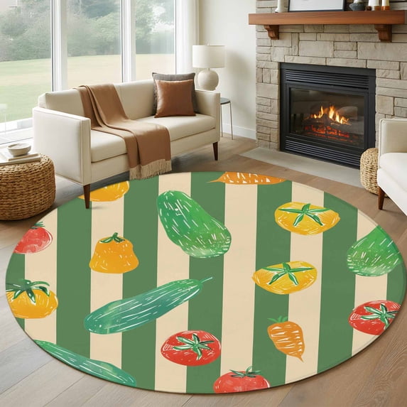 Round Rugs 6Ft, Watercolor Fruits Round Area Rug Washable Indoor Throw Carpet, Green Striped Summer Fruits Soft Non Slip Circle Rug for Office Cabinet Home Decor Aesthetic