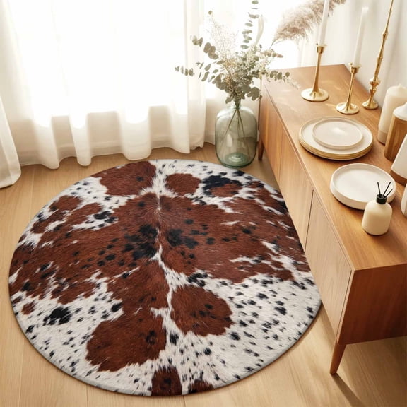 Round Rugs 6Ft, Western Cow Print Round Area Rug Washable Indoor Throw Carpet, Farmhouse Country Cowhide Fur Brown Soft Non Slip Circle Rug for Office Cabinet Home Decor Aesthetic