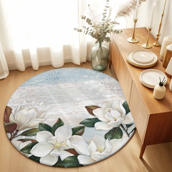 Round Rugs 6Ft, White Magnolia Round Area Rug Washable Indoor Throw Carpet, Spring Floral Blossom Flowers Plants Light Blue Soft Non Slip Circle Rug for Office Cabinet Home Decor Aesthetic