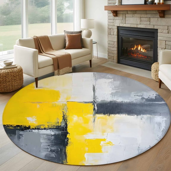 Round Rugs 6Ft, Yellow Grey Round Area Rug Washable Indoor Throw Carpet, Modern Oil Painting Abstract Soft Non Slip Circle Rug for Office Cabinet Home Decor Aesthetic