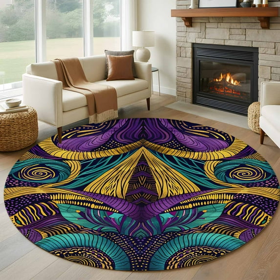 Round Rugs 6Ft, Yellow Purple Green Round Area Rug Washable Indoor Throw Carpet, Modern Abstract Art Geometric Soft Non Slip Circle Rug for Office Cabinet Home Decor Aesthetic