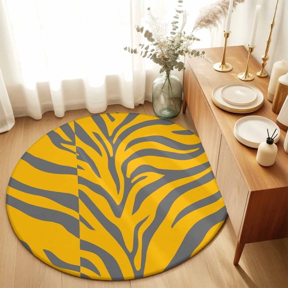 Round Rugs 6Ft, Yellow Tiger Striped Round Area Rug Washable Indoor Throw Carpet, Animals Fur Abstract Art Soft Non Slip Circle Rug for Office Cabinet Home Decor Aesthetic