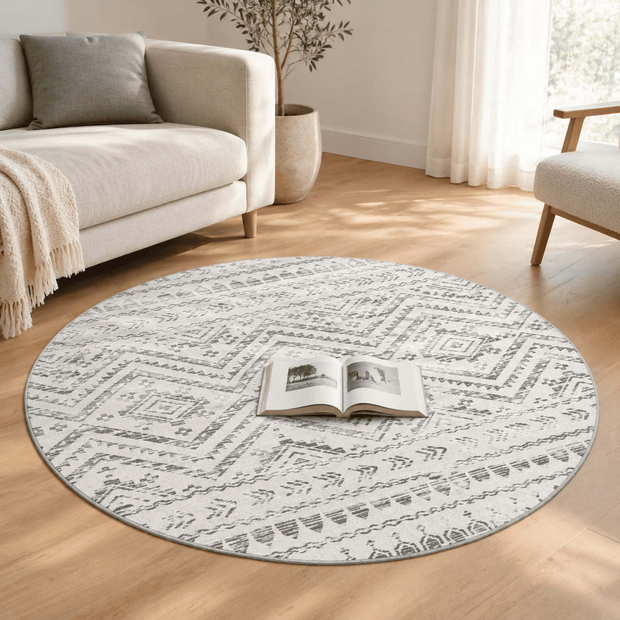Round Rugs 6ft For Living Room Moroccan Washable Circle Rug Grey ...