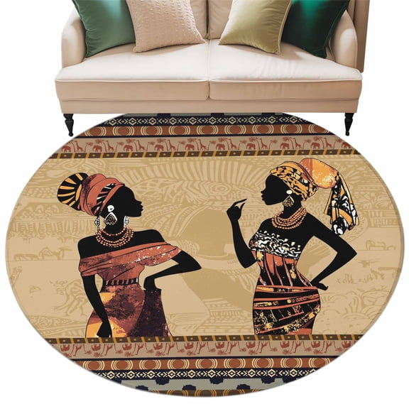 Round Rugs 7 Ft, African Black Women Non Slip Area Rugs for Kitchen Bedroom Entryway, Boho Ethnic Tribe Vintage Brown Washable Carpet Runner Rug Floor Mats for Bedroom Home Decor