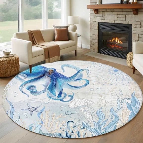 Round Rugs 7 Ft, Blue Octopus Coastal Non Slip Area Rugs for Kitchen Bedroom Entryway, Summer Beach Washable Carpet Runner Rug Floor Mats for Bedroom Home Decor Nautical Ocean Coral