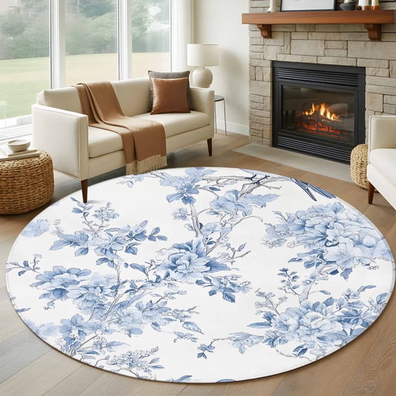 Round Rugs 7 Ft, Blue White Flowers Non Slip Area Rugs for Kitchen Bedroom Entryway, Spring Summer Floral Botanical Washable Carpet Runner Rug Floor Mats for Bedroom Home Decor