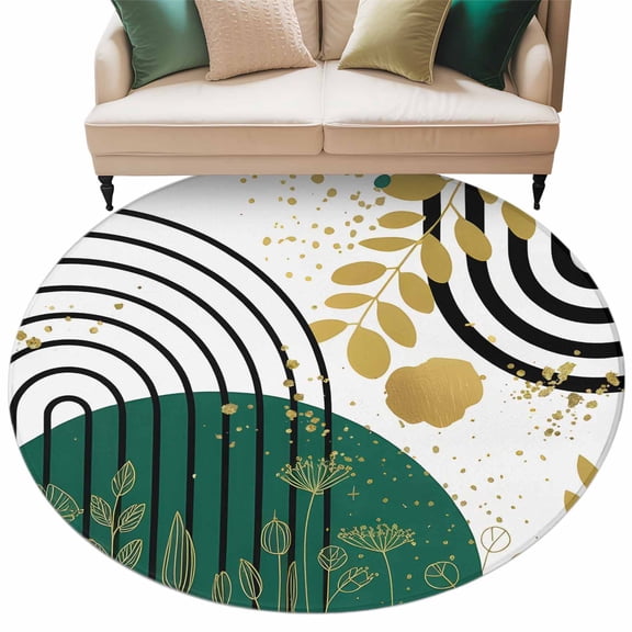 Round Rugs 7 Ft, Boho Green Non Slip Area Rugs for Kitchen Bedroom Entryway, Gold Leaf Black Bohemian Plant Circle Flower Washable Carpet Runner Rug Floor Mats for Bedroom Home Decor