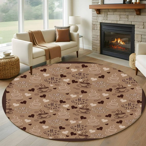 Round Rugs 7 Ft, Brown Coffee Cup Non Slip Area Rugs for Kitchen Bedroom Entryway, Vintage Coffee Beans Love Heart Washable Carpet Runner Rug Floor Mats for Bedroom Home Decor