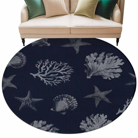 Round Rugs 7 Ft, Coral Coastal Non Slip Area Rugs for Kitchen Bedroom Entryway, Watercolor Beach Nautical Shells Starfish Washable Carpet Runner Rug Floor Mats for Bedroom Home Decor