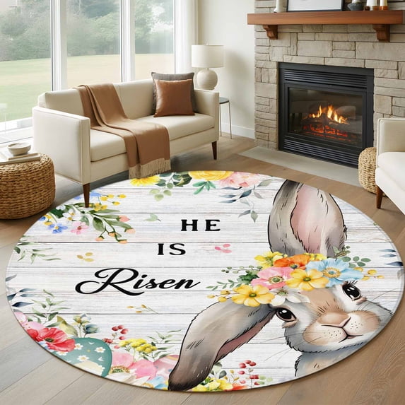 Round Rugs 7 Ft, Easter Non Slip Area Rugs for Kitchen Bedroom Entryway, Spring Farmhouse Vintage Bunny Flower Wood Grain Washable Carpet Runner Rug Floor Mats for Bedroom Home Decor
