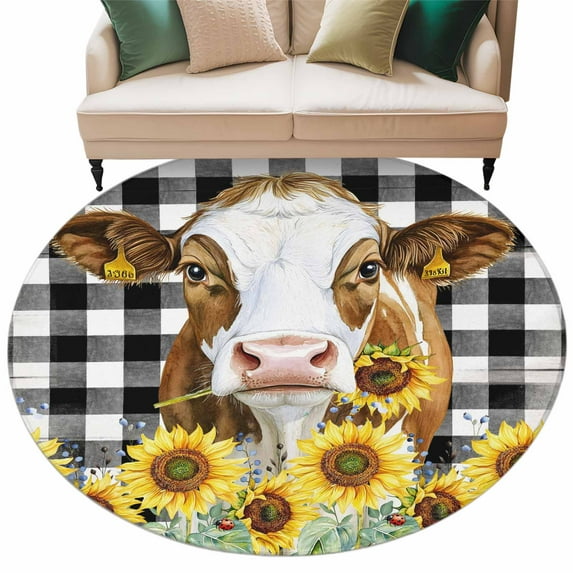Round Rugs 7 Ft, Farmhouse Cow Non Slip Area Rugs for Kitchen Bedroom Entryway, Vintage Country Sunflower Black Buffalo Plaid Washable Carpet Runner Rug Floor Mats for Bedroom Home Decor