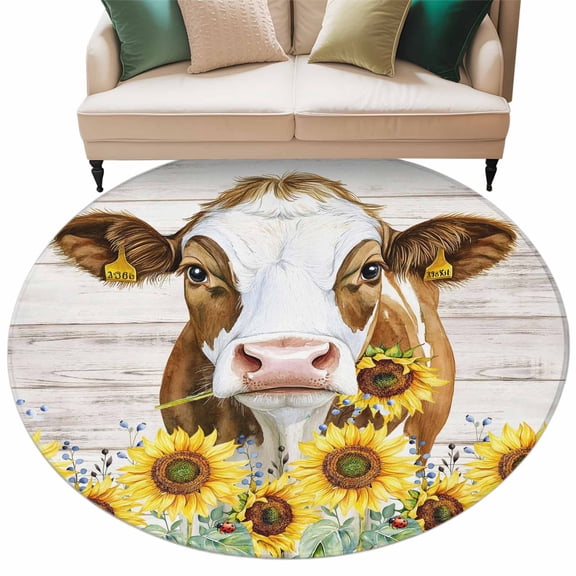 Round Rugs 7 Ft, Farmhouse Cow Non Slip Area Rugs for Kitchen Bedroom Entryway, Vintage Country Sunflower Gray Wood Washable Carpet Runner Rug Floor Mats for Bedroom Home Decor