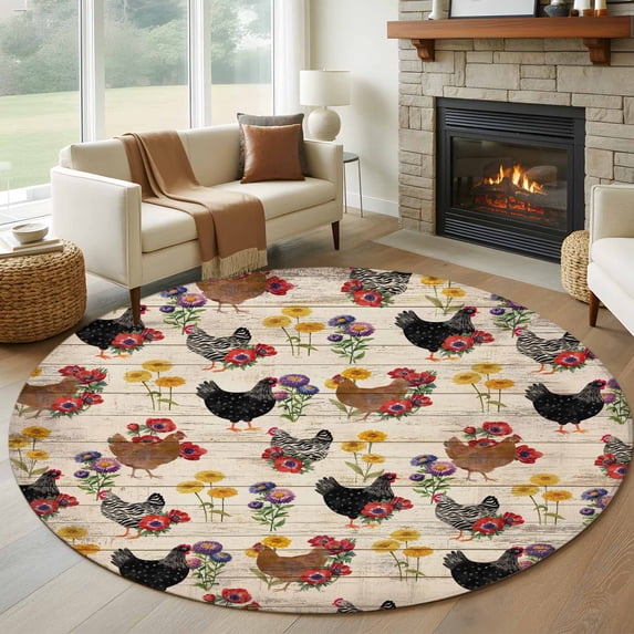 Round Rugs 7 Ft, Farmhouse Rooster Non Slip Area Rugs for Kitchen Bedroom Entryway, Vintage Watercolor Flowers Wood Grain Washable Carpet Runner Rug Floor Mats for Bedroom Home Decor