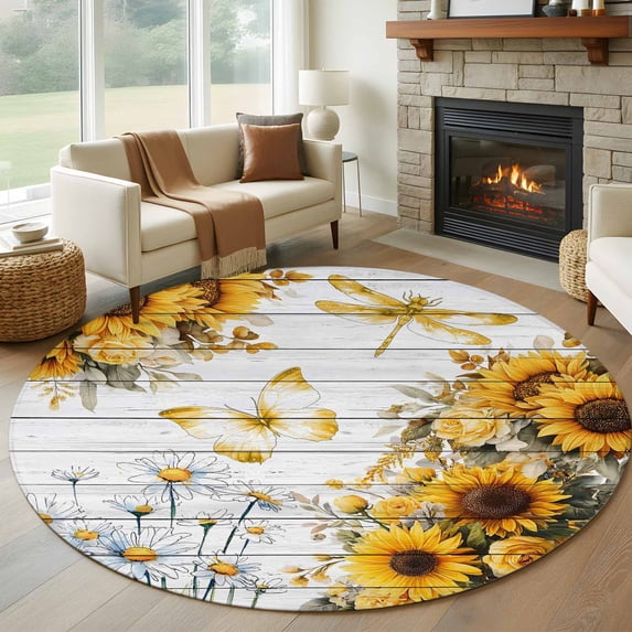 Round Rugs 7 Ft, Farmhouse Sunflower Non Slip Area Rugs for Kitchen Bedroom Entryway, Vintage Daisy Butterflies Gray Wood Washable Carpet Runner Rug Floor Mats for Bedroom Home Decor