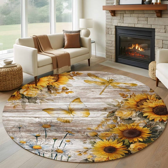 Round Rugs 7 Ft, Farmhouse Sunflower Non Slip Area Rugs for Kitchen Bedroom Entryway, Vintage Daisy Butterflies Rustic Wood Washable Carpet Runner Rug Floor Mats for Bedroom Home Decor