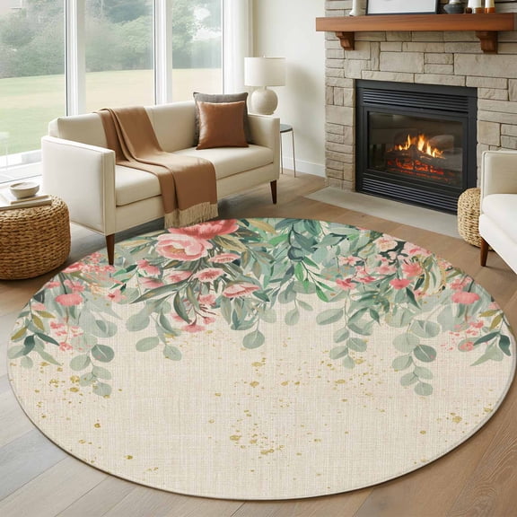 Round Rugs 7 Ft, Floral Leaves Non Slip Area Rugs for Kitchen Bedroom Entryway, Summer Botanical Washable Carpet Runner Rug Floor Mats for Bedroom Home Decor Weeping Watercolor Vintage