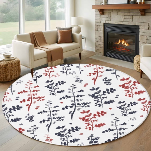 Round Rugs 7 Ft, Grey Red Botanical Non Slip Area Rugs for Kitchen Bedroom Entryway, Watercolor Spring Floral Summer Leaf Washable Carpet Runner Rug Floor Mats for Bedroom Home Decor