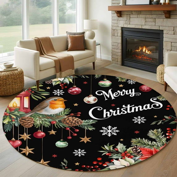 Round Rugs 7 Ft, Merry Christmas Non Slip Area Rugs for Kitchen Bedroom Entryway, Black Xmas Tree Snowflake Poinsettia Washable Carpet Runner Rug Floor Mats for Bedroom Home Decor