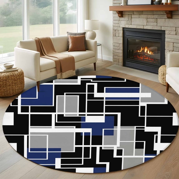 Round Rugs 7 Ft, Navy Blue Black Geometric Non Slip Area Rugs for Kitchen Bedroom Entryway, Modern Color Block Abstract Washable Carpet Runner Rug Floor Mats for Bedroom Home Decor